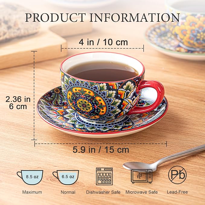 Henten Home Ceramic 8.5 oz Tea Cup Set, Latte Cup with Saucers Set of 6, Boho Style Cup for Cappuccino, Coffee, Hot Cocoa, Espresso, Microwave & Dishwasher Safe