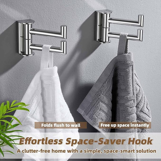 APLusee Swivel Towel Hook Polished Chrome 2 Pack, 304 Stainless Steel Bathroom Robe Hook Towel Holder, Folding Wall Hook Wall Mounted