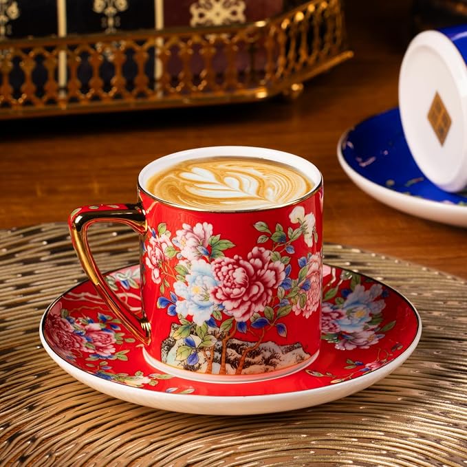 KAMMAK Tea Cups and Saucers Set of 2, Porcelain Coffee Cups with Saucer for Espresso, Cappuccino, 7.4oz Vintage Red and Blue Ceramic Novelty Mug for Home, Tea Party, Office, 631+632N