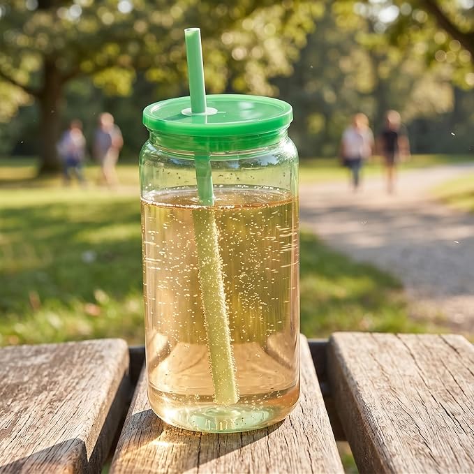 12 Pack Acrylic Mason Jars Cups, 16oz Can Shaped Plastic Cups with Lids and Straws, Reusable Iced Coffee Cup Cute Drinking Glass Unbreakable Tumbler for Whiskey, Soda, Iced Tea, Colored