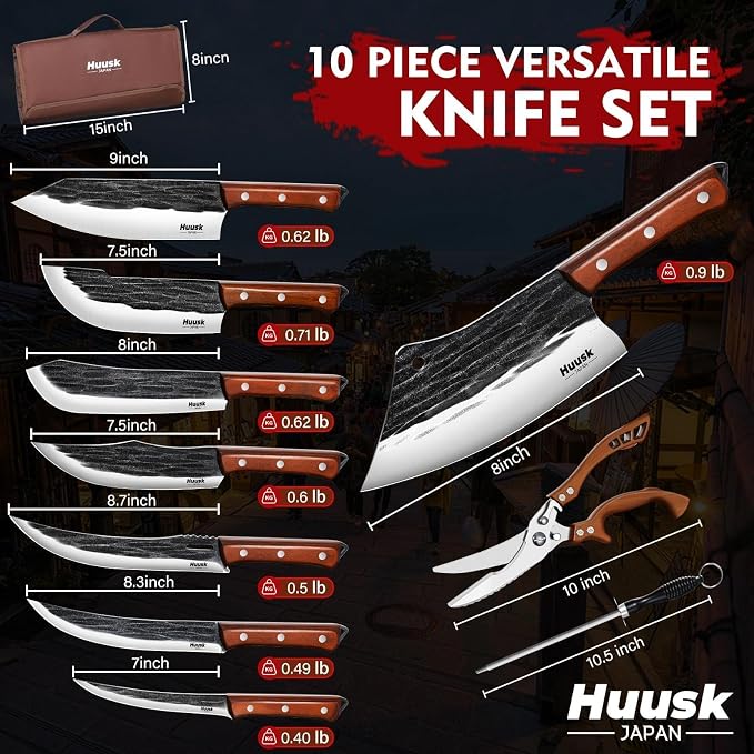Huusk Butcher Knife Set, 10-Piece Hand Forged Chef Knife Set with Bag, Sharp Meat Cleaver & Bbq Carving Knives & Boning Breaking Knives for Kitchen & Camping, Fathers Day Gift for Men
