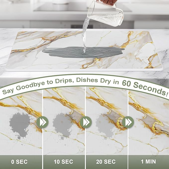 Large Stone Drying Mat for Kitchen Counter, 24" × 16" Diatomite Dish Drying Mat, Ultra Absorbent Diatomaceous Earth Dry Stone Mats with Dish Rack for Dished, Bottles, White Marble