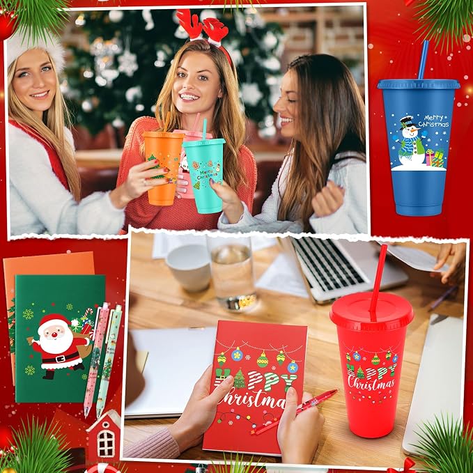 Feifeiya 72 Pcs/ 24 Set Bulk Gifts for Christmas 24 oz Christmas Tumbler with Lids and Straws Xmas Pens Notepads Set Reusable Plastic Cups for Holiday Classroom Gift Party Favor Employee