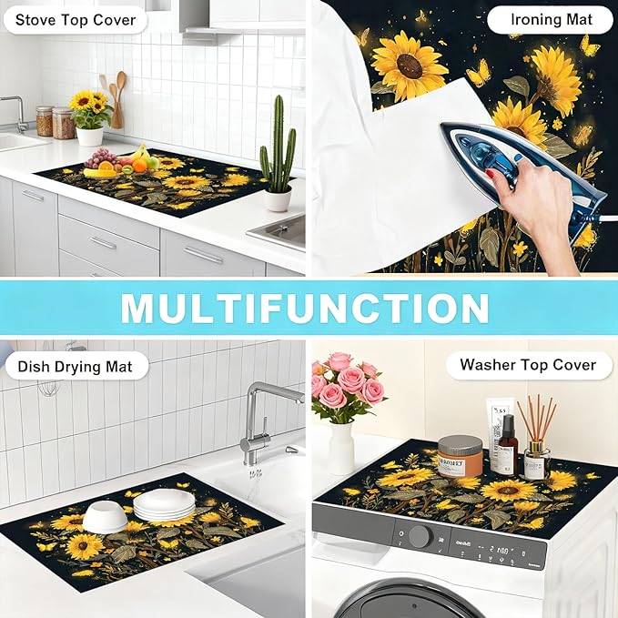Decorative Sunflower Stove Cover Mat for Electric and Glass Stovetops, Heat-Resistant Countertop Protector with Floral and Butterfly Waterproof Anti-Slip Kitchen Surface(28×20 Inches) (Sunflower)