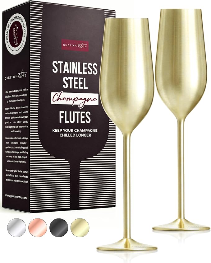 Gusto Nostro Stainless Steel Gold Champagne Flutes Set of 2 - Unique, Unbreakable, Colorful Metal Champagne Glasses - Modern Toasting Flutes - Luxury Wedding Gifts for Couple - Wedding Registry Idea