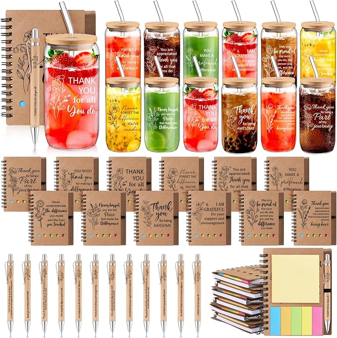 Skylety 12 Set Back to School Gifts for Teachers Bulk Thank You Eacher Gifts for Women Employee Appreciation 16 oz Glass Cups with Lids Straws Notebooks Pens for Team Coworker Nurse