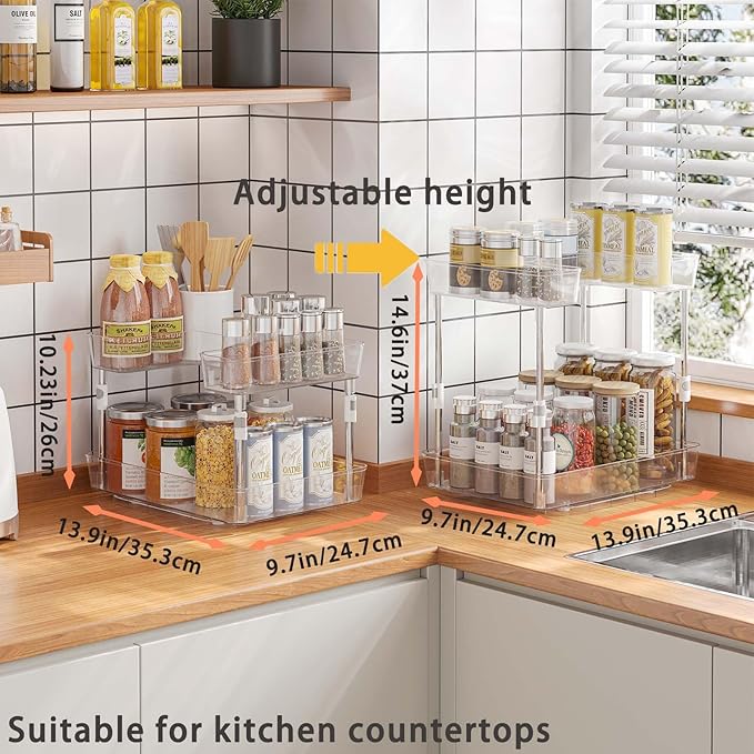 360° Rotating Lazy Susan Turntable Organizer Spice Rack, 2 Tier Height Adjustable Rotating Spice Organization for Cabinet, Seasoning Organizer for Countertop, Pantry