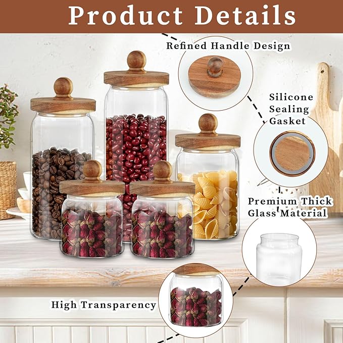 5 Pcs Glass Storage Jars with Wooden lid Clear Spice Food Storage Containers with Label and Pen Candy Airtight Canisters for Kitchen Beans Cookie (4 Sizes)