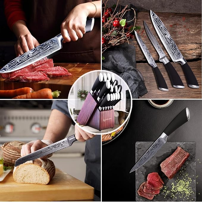 15pc Professional Stainless Steel Knife Set with Wooden Block - Damascus Knife Set for Chefs, Family, Housewarming, Wedding Gift