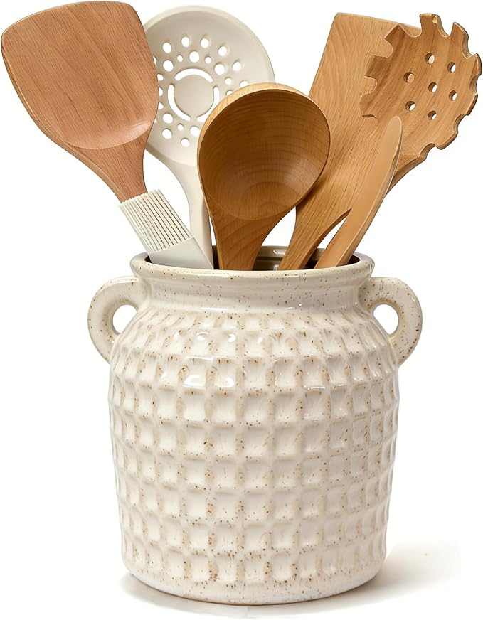 Rustic Kitchen Utensil Holder with Handle, 6.5" Ceramic Farmhouse Stable Utensil Crock for Countertop, Vintage Cooking Tool Organizer & Spatula Holder For Kitchen Decor (White)