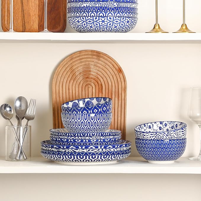Selamica Ceramic Plates and Bowls Sets,18 Pieces Retro Floral Dinnerware Sets for 6,Dishwasher & Microwave Safe dish set,Family & Holiday Dining, Vintage Blue