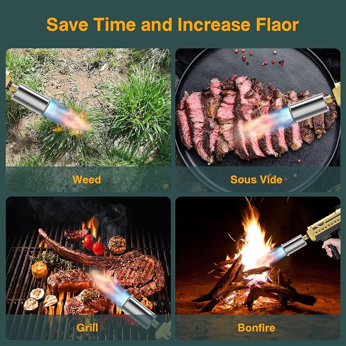 Sondiko Powerful Cooking Propane Torch Gun, Culinary Torch Campfire Starter, Adjustable Weed Torch Burner for Searing Steak, BBQ, Welding (Gold & Black) Propane Tank Not Included