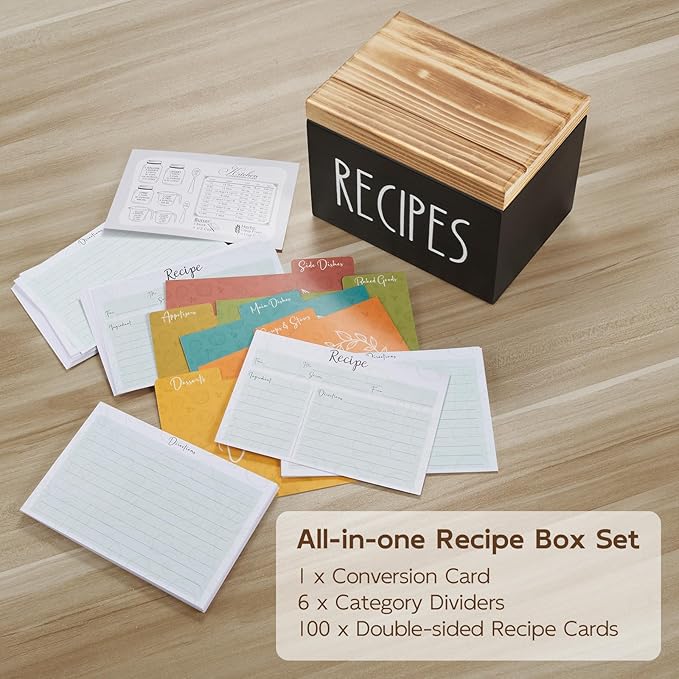 Coffee Filter Holder, Wood Filter Storage Container for Counter&Recipe Box, Wood Recipe Card Box Set, Recipe Box with 100 Cards and 6 Dividers