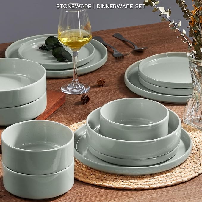 Onader Speckled Dinnerware Set for 4 with Pasta Bowl, 16 Piece Stoneware Plates and Bowls Dishes Set, Microwave & Dishwasher Safe – Pale Sage Green