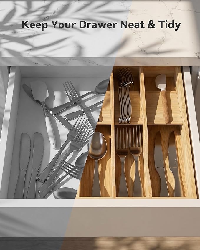 Bamboo Cutlery Drawer Organizer,Silverware Organizer 10 Slot Silverware Tray with V-Groove & Anti-Slip Blocks Flatware Utensil Storage for Kitchen Drawers (16" D x 12.3" W x 2.25" H)