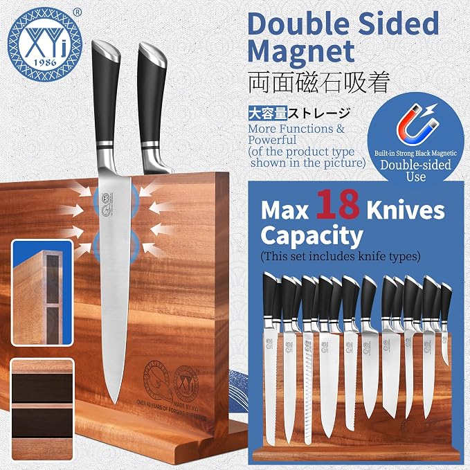 XYJ Knife Block Set, Stainless Steel Kitchen Knives Set with Magnetic Knife Holder, Fork, Cutting Board, Honing Steel, Scissors, Peeler, Cut Resistant Gloves, Japanese Style Slicing Chef Knives