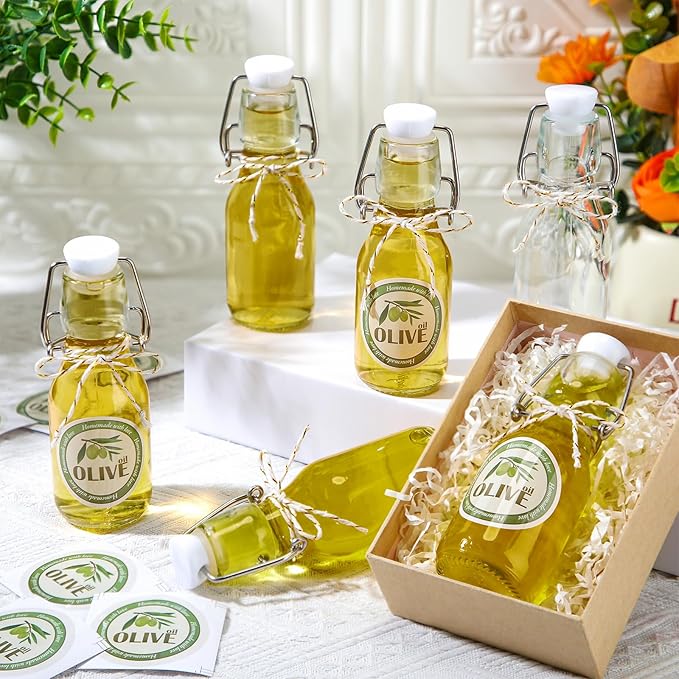 Queekay 20 Pack Mini Swing Top Glass Bottles for Vanilla Extract Homemade Olive Oil Bottles with Lids Airtight Cap Lids Labels for Wedding Baby Shower Favors(5.07 oz,Clear)