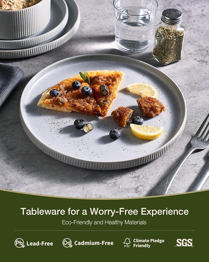 Famiware Star 24-Piece Reactive Glaze Plates and Bowls Sets, Service for 8 - Stoneware Dinnerware Set, High Edge Ribbed Dishes, Chip & Scratch Resistant, Microwave & Dishwasher Safe, Matte Gray