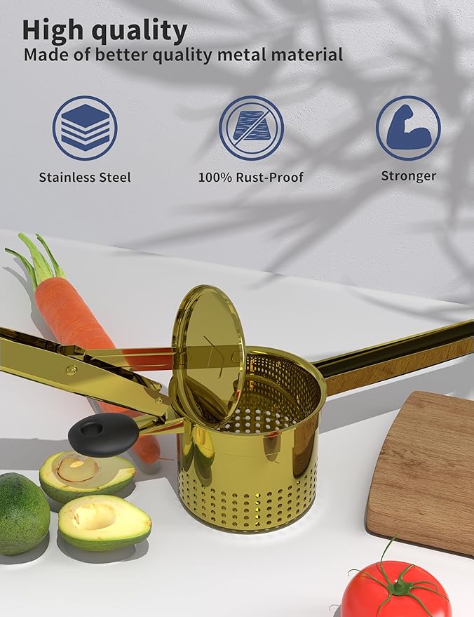 GloTika Large 15oz Potato Ricer, Heavy Duty Stainless Steel Ricer for Mashed Potatoes, Sweet Potato Masher Kitchen Tool with Ergonomic Handle, Press and Mash Kitchen Gadget, Gold