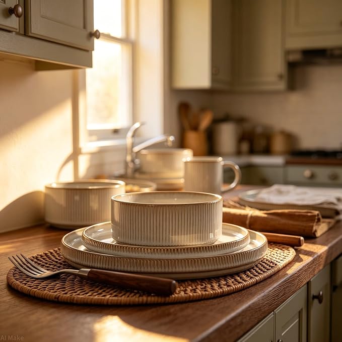 Dinnerware Sets, Plates and Bowls Set for 4, 12 Pieces Ribbed Dishes,Stoneware plates,Plates and Bowls Set for 4, Microwave and Dishwasher Safe Tableware