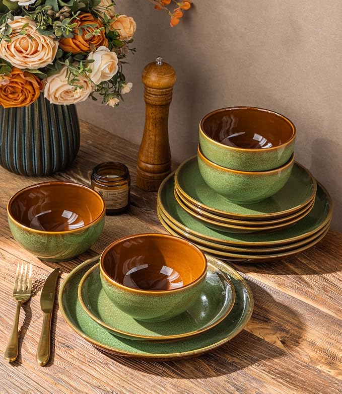 LERATIO Ceramic Dinnerware Sets for 4, 12 Pieces Ceramic Plates and Bowls Sets, Scratch Resistant Dish Set, Oven, Microwave & Dishwasher Safe-Sage Meadow Green