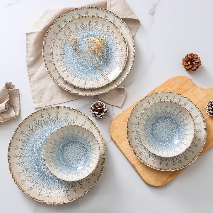 DOMICREVERY Ceramic Dinnerware Sets for 4, 12 pcs Scratch Resistant Dish Set, Blue Branch