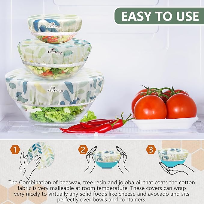 Beeswax Bowl Covers Set of 5 (XS–XL) – Reusable Elastic Food Covers for Bowls – Organic Cotton with Beeswax, Washable & Plastic-Free | Li’l Things – Paintbrush