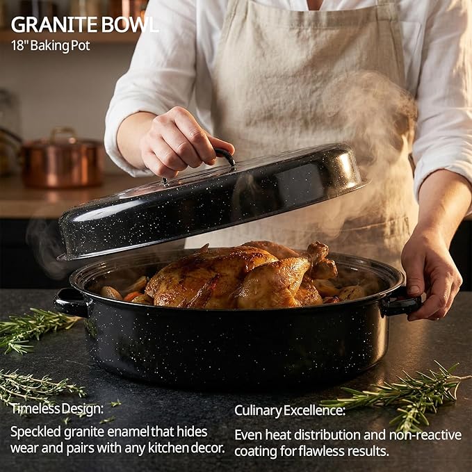 Turkey Roasting Pan With Lid 18in Roaster Pan Enamel Carbon Steel Roaster Pot with 16in Inner Diameter,18 Pound Large Capacity High Temperature Resistance Oval Cookware