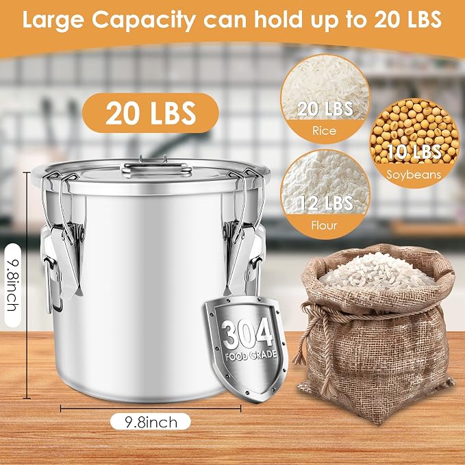 304 Stainless Steel Food Containers with Lids,12L/20LBS Airtight Food Storage Containers with Lock Clips for Flour Rice Sugar Coffee Bean,Stainless Steel Food Storage Containers for Kitchen