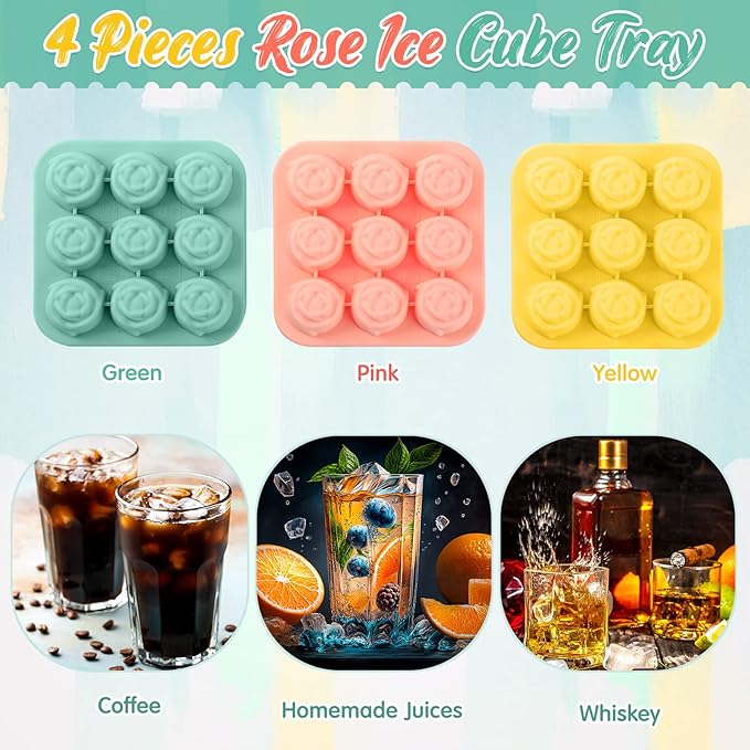 Censen 4 Pcs Silicone Rose Ice Cube Mold with Covers Fun Shapes Flower Ice Cube Mold Trays Maker 9 Cavity Easy Release Form for Whiskey Bourbon Cocktails Wine Coffee Juices and More
