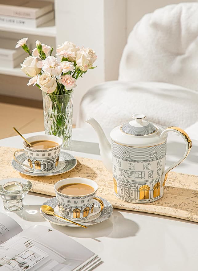Domini Personalized Architectural Ceramic Tea Cup and Saucer Set,5-piece gift box set with 1 pot, 2 cups and 2 plates