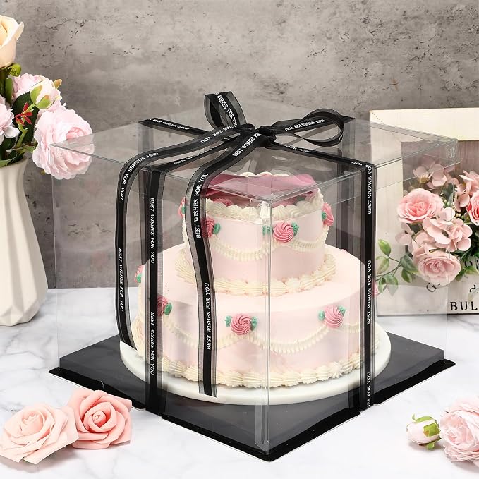 Maxdot 10 Pcs Transparent Tall Cake Boxes 12" x 12" x 10" Large Clear Cake Box with Ribbon Cake Carrier PET Wedding Cake Storage Container Clear Gift Boxes for Party Birthday Dessert Display (Black)