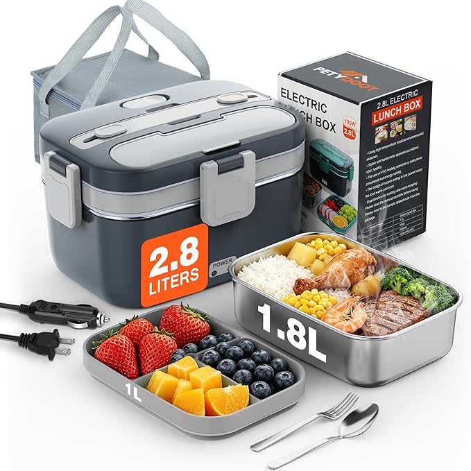2.8L Electric Heated Lunch Box - 100W Portable Food Warmer for Adults, Leak-Proof & Dishwasher-Safe, Ideal for Car, Truck, Travel, Work, Gift for Men & Women