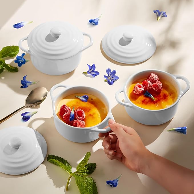 Kook Ceramic Mini Cocotte Set, Small Casserole Dishes with Lids and Handles, Individual Baking Ramekins, Oven safe 350F, Microwave & Dishwasher Safe, Stoneware, 12 oz, Set of 4, (Swiss White)