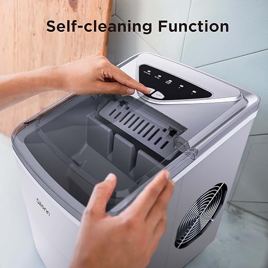 Silonn Ice Makers Countertop, 9 Cubes Ready in 6 Mins, Self-Cleaning Ice Machine with Ice Scoop and Basket, 26lbs in 24Hrs, 2 Sizes of Bullet Ice for Home Kitchen Office Bar Party, Sliver