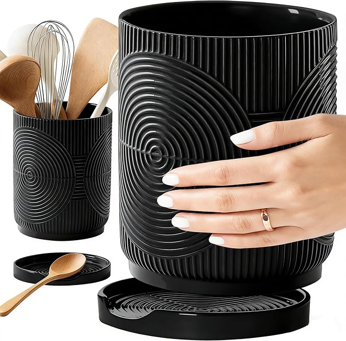 Utensil Holder, 7.2" Kitchen Utensil Holder for Counter, 2-in-1 Ceramic Cooking Utensils Holders with Spoon Rest, Utensil Crock for Spatula, Ideal Housewarming Gift (Black)