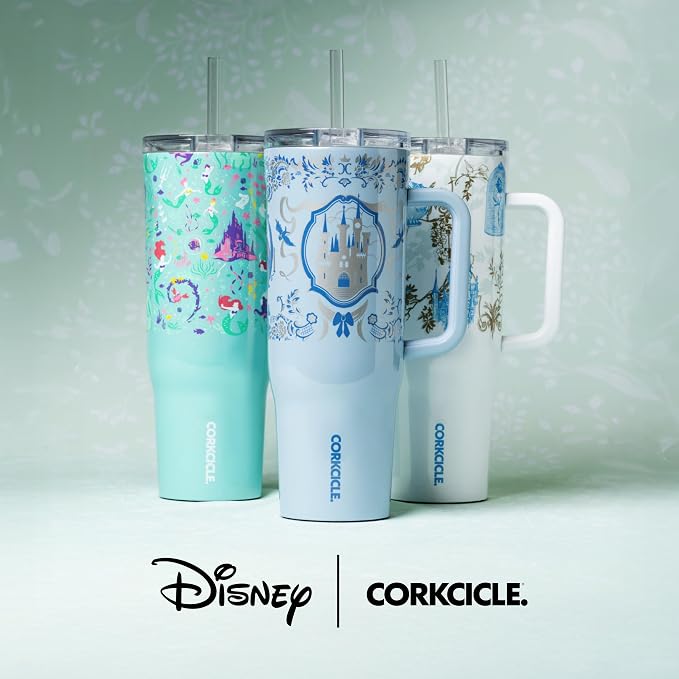 Corkcicle Cruiser Insulated Tumbler with Handle & Straw - Keeps Beverages Cold 20 Hours - Triple Insulated - Summer Drinkware Gift - Keeps Drinks Ice Cold - 40 oz - Princess Cinderella