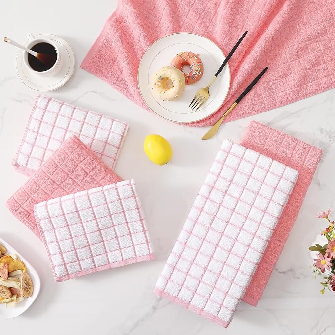 Homaxy Premium Cotton Kitchen Towels 16"x 28", Large Natural Ring Spun 390 GSM Dish Towels, Super Absorbent Terry Kitchen Hand Towels, Soft Tea Towels with Hanging Loop, Pink Check Design, 6 Pack