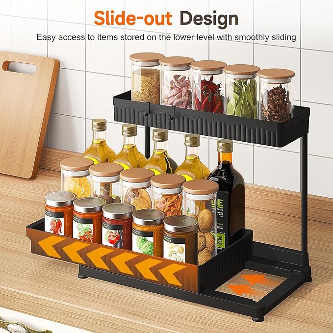 Sevenblue 3 Tier Wooden Fruit Basket with 2 Mobile Banana Holders, 3 Pack L-Shaped Pull Out Under Sink Organizers