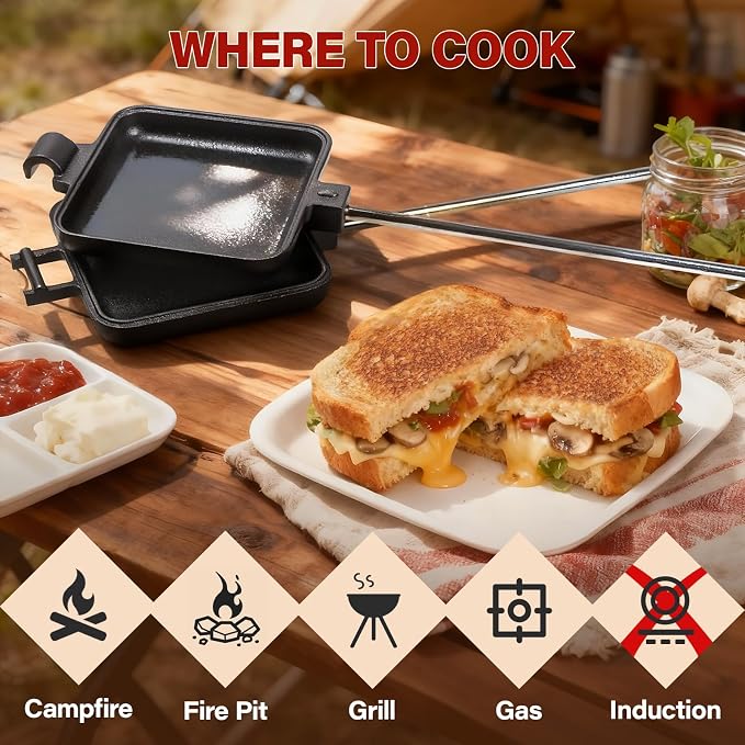 Mountain Pie Maker Cast Iron, Campfire Pie Iron, Hobo Pie Maker for Camping, 2-Pack