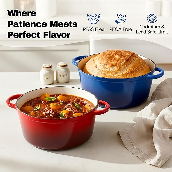 6 Quart Dutch Oven Pot with Lid, Non Stick Enameled Cast Iron Dutch Oven for Bread Baking, Heavy-Duty, Oven Safe Ceramic Cookware Up to 500°F for Baking, Braising, Stews, Roasting, Blue