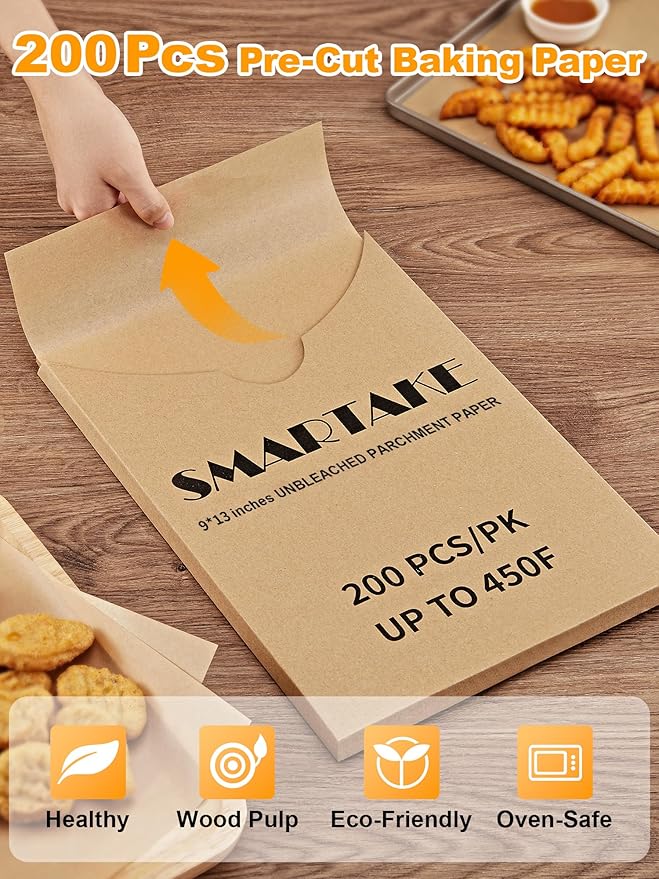 SMARTAKE 200 Pcs Parchment Paper Baking Sheets, 9x13 Inches Non-Stick Precut Baking Parchment, for Baking Grilling Steaming Bread Cup Cake Cookie and More (Unbleached)
