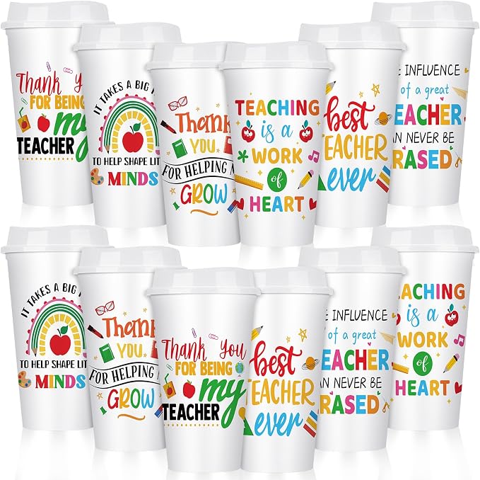 Skylety 12 Pcs Back to School Teachers Gifts Teacher Appreciation Gifts Teacher Deals Bulk Reusable Plastic Coffee Cup with Lid for First Day of School Party Decorations (Lively)
