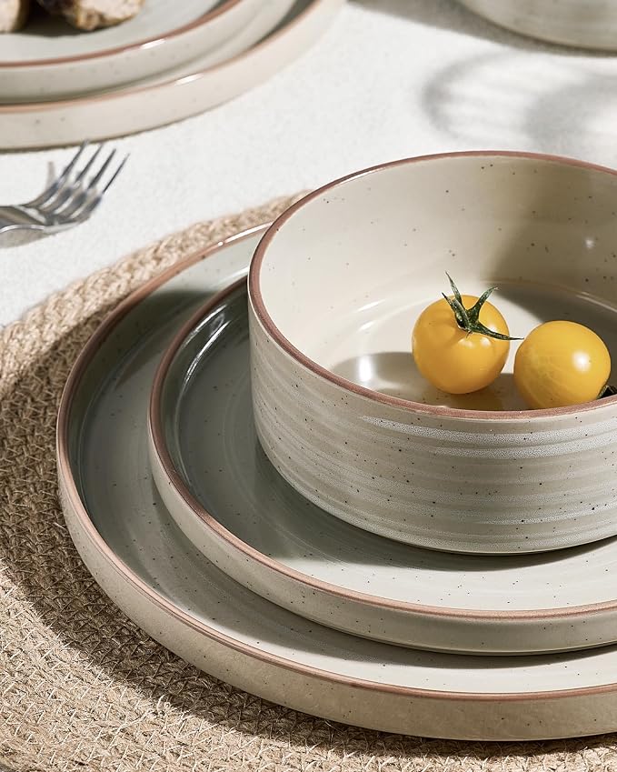 Famiware Stellar Stoneware Dinnerware Set, 12-Piece, Double Reactive Glaze, Plates and Bowls, Service for 4, Microwave and Dishwasher Safe, Scratch-Resistant, Matcha Green