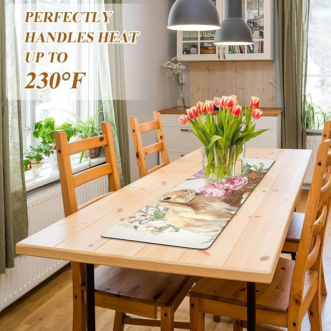 2 in 1 Table Runner Trivet for Hot Pots and Pans Heat Resistant Non Slip Waterproof 39 x 12 Inch Decorative Table Protector for Kitchen Countertop Easter Bunny Eggs Flowers