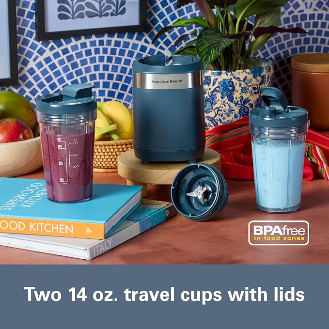 Hamilton Beach Personal Blender for Smoothies With 2 BPA-Free 14 oz. Travel Blender Jars and Lids, Powerful 400 Watt Motor, Stainless Steel Blades, Kitchen Makeover Blue (51202J)