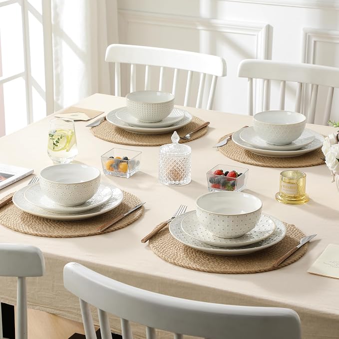 MALACASA 24-Piece Farmhouse Dinnerware Set for 8, Embossed White Stoneware Plates and Bowls Sets, Vintage Relief Ceramic Dish Set, Chip-Resistant, Microwave & Dishwasher Safe