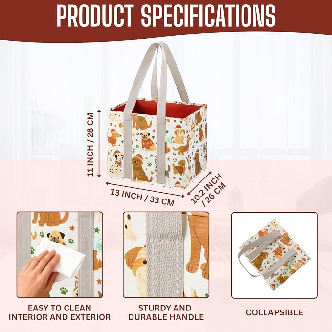 VENO 3 Pack Reusable Grocery Bags, Shopping Bags for Groceries, Tote with Handles and Hard Bottom, Foldable Shopping Cart Organizer, Water Resistant, Heavy-Duty (Holiday Pups, 6 Gallon)