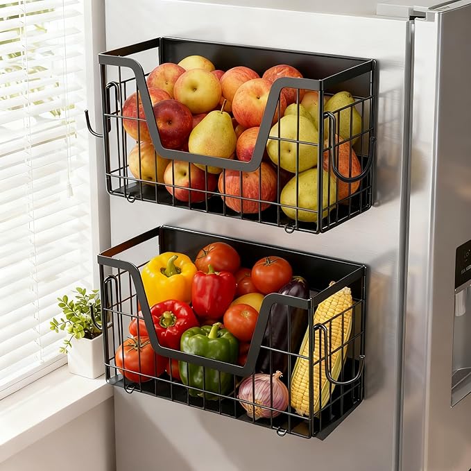 Magnetic Fridge Shelf for Fruit&Vegetable Storage Basket- Non-assembly Space Saving Magnetic Refrigerator Shelves,Fruit Basket 30lbs Capacity Side of Fridge Storage Container for Onion,Snacks(2 Pack)