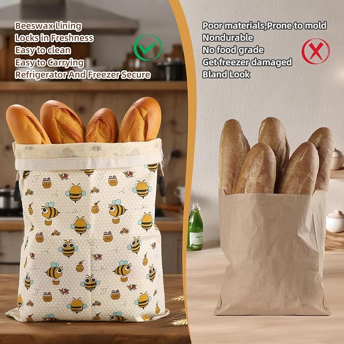 Honeybee Pattern Reusable Beeswax Bread Bags&Coffee Leaf Print Beeswax Wraps for Food